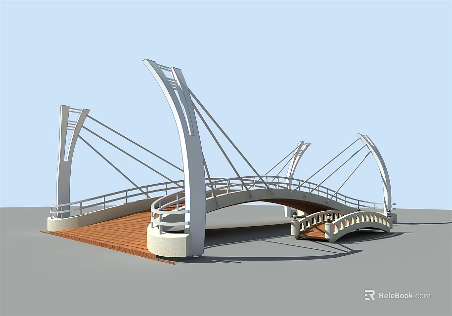 Modern Cable Stayed Bridge With White Arch Structure And Wooden Deck 3d model 