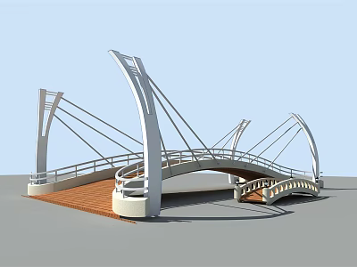 Modern Cable Stayed Bridge With White Arch Structure And Wooden Deck 3d model