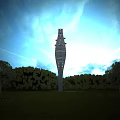Modern Spiral Tower With Glass Facade And Metal Structure Surrounded by Green Hills