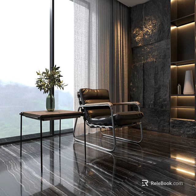 Modern Leather Leisure Chair with Metal Frame by Large Window and Mountain View 3d model 