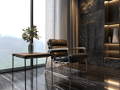 Modern Leather Leisure Chair with Metal Frame by Large Window and Mountain View 3d model