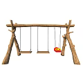 Wooden Playground Swing Set With Three Seats Red Yellow Child Seat Natural Tree Posts