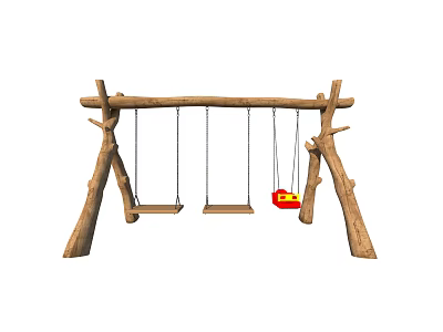 Wooden Playground Swing Set With Three Seats Red Yellow Child Seat Natural Tree Posts 3d model