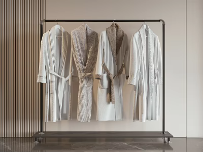 Modern Minimalist Robes Hanging On Black Clothing Rack With White Taupe Textures In Interior 3d model