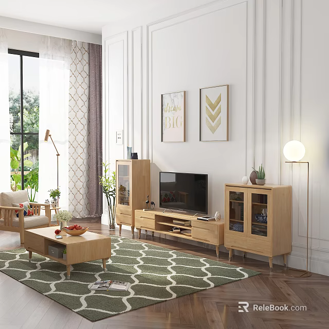Modern Wooden TV Stand With Glass Door Cabinets Plants Rug And Paintings In Living Room 3d model 