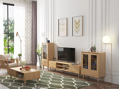 Modern Wooden TV Stand With Glass Door Cabinets Plants Rug And Paintings In Living Room 3d model