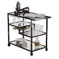 Stylish Black Serving Cart With Glass Shelves Plates Glasses And Magazine