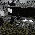 Black Sofa And White Table With Drawers In Room With Mesh Walls And Broken Windows