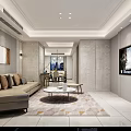 Modern Dining Room With Round Table Beige Chairs Gold Chandelier Wall Artworks And City View