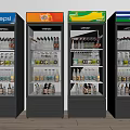 Four Upright Commercial Beverage Refrigerators With Brand Logos And Filled Drinks