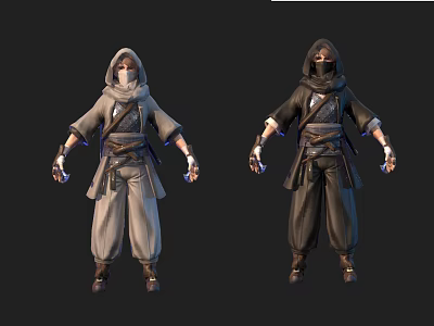 Two Light And Dark Hooded Fantasy Characters With Traditional Outfits Belts And Gloves 3d model