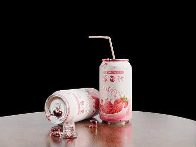 Refreshing Strawberry Juice Cans With Straw And Ice Cubes On Table 3d model