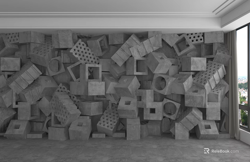 Modern Sculptural Concrete Wall Featuring Stacked Geometric Blocks And Hollow Patterns 3d model 