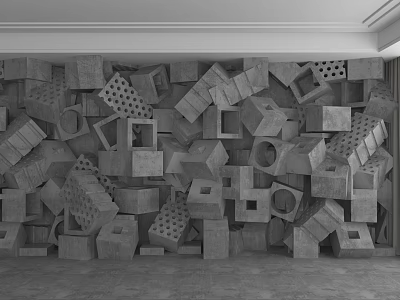Modern Sculptural Concrete Wall Featuring Stacked Geometric Blocks And Hollow Patterns 3d model