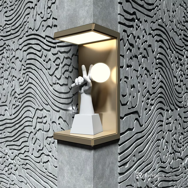 Modern Wall Lamp Gold Frame Wavy Textured Wall White Hand Sculpture Peace Sign Round Light 3d model 