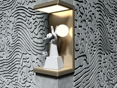 Modern Wall Lamp Gold Frame Wavy Textured Wall White Hand Sculpture Peace Sign Round Light 3d model