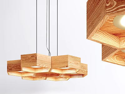Modern Wooden Cube Geometric Pendant Lights with Warm Ambient Illumination Design 3d model