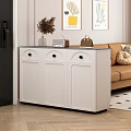 White Living Room Entryway Cabinet Sideboard With Round Handle Doors Vase Radio And Handbag On Top
