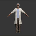 Elderly Man In White Long Coat Blue T-shirt And Brown Pants With Arms Outstretched