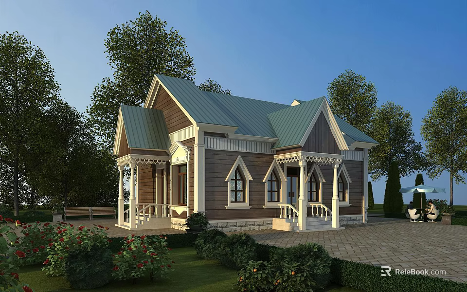 Detached Villa with Green Metal Roof Brown Beige Exterior and Arched Windows Surrounded by Trees 3d model 