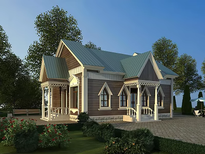 Detached Villa with Green Metal Roof Brown Beige Exterior and Arched Windows Surrounded by Trees 3d model