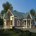 Detached Villa with Green Metal Roof Brown Beige Exterior and Arched Windows Surrounded by Trees