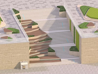 Tiered Staircase Landscape Design with Green Planters and Paved Surroundings 3d model