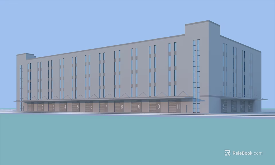 Modern Industrial Factory Building Exterior With Gray Facade And Multiple Windows 3d model 