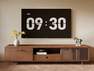 Wooden TV Stand with Drawer Storage Yellow Flower Vase and Small Decor in Living Room 3d model