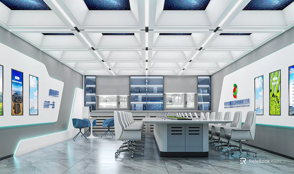 Modern Conference Room Interior With Long Meeting Table Ergonomic Chairs And Ceiling Lighting 3d model 
