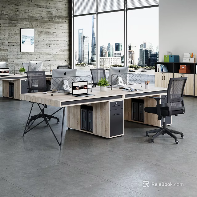 Modern Public Office Space With Wooden Desks Ergonomic Chairs Computers Green Plants And City View 3d model 