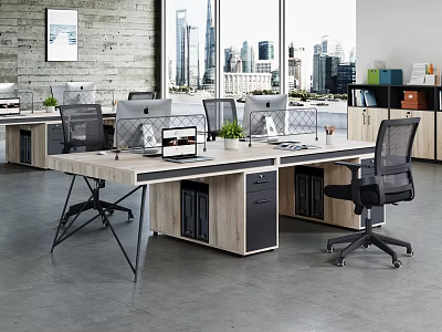 Modern Public Office Space With Wooden Desks Ergonomic Chairs Computers Green Plants And City View 3d model