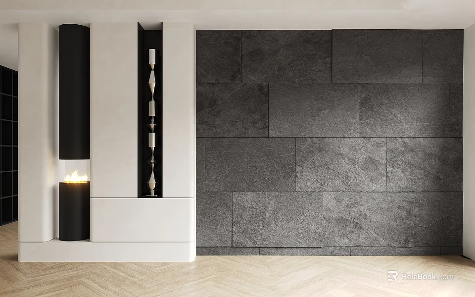 Modern Dark Gray Stone Accent Wall With Fireplace And Decor 3d model