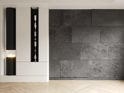 Modern Dark Gray Stone Accent Wall With Fireplace And Decor 3d model