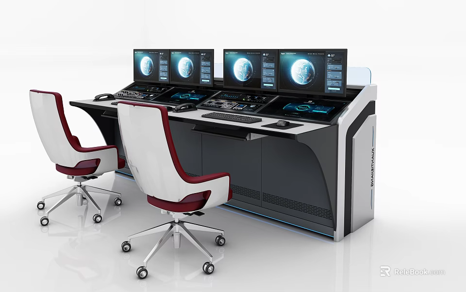Functional Desk With Multiple Monitors Integrated Control Panels And Ergonomic White Chairs 3d model