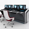 Functional Desk With Multiple Monitors Integrated Control Panels And Ergonomic White Chairs 3d model