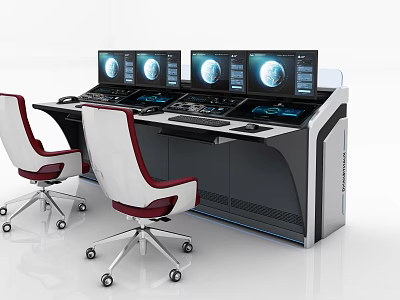 Functional Desk With Multiple Monitors Integrated Control Panels And Ergonomic White Chairs 3d model