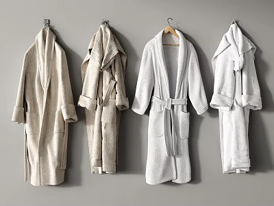 Various Colored Long Robes Hanging on Grey Wall With Belted Design and Soft Toweling Material 3d model