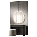 Modern Dressing Table Design With Round Mirror Marble Countertop And Stool