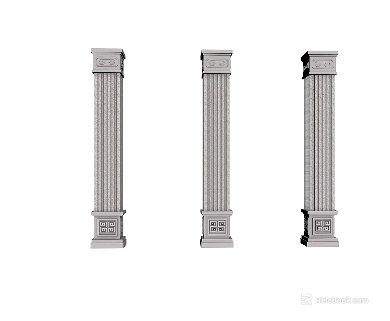 Three Classical Stone Columns With Carved Details And Ornate Bases 3d model 