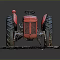 Vintage Red Tractor Model Display On Rustic Base With Detailed Wheels And Old Style Design