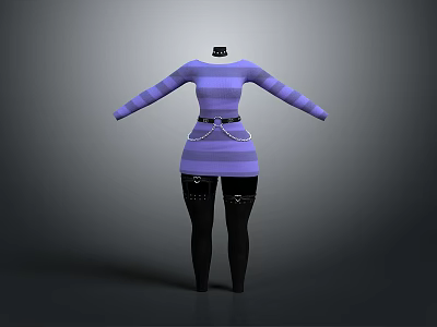 Stylish Purple Striped Dress With Belt Paired With Black Leggings And Decorative Details 3d model