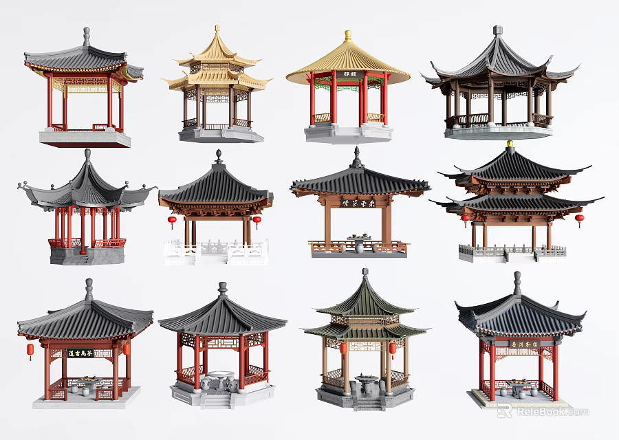 Traditional Chinese Garden Pavilions With Ornate Roofs Red Pillars And Lanterns 3d model 
