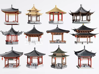 Traditional Chinese Garden Pavilions With Ornate Roofs Red Pillars And Lanterns 3d model