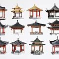 Traditional Chinese Garden Pavilions With Ornate Roofs Red Pillars And Lanterns