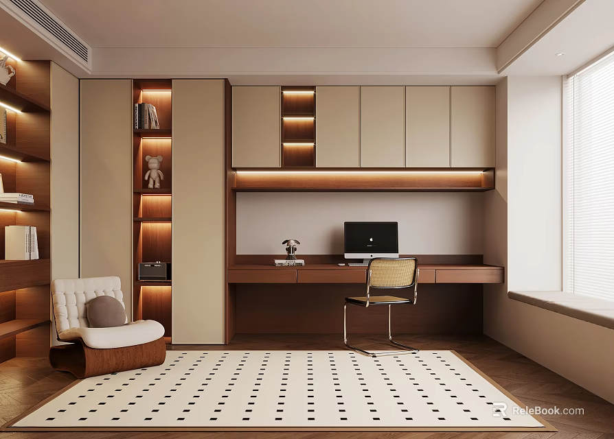 Modern Study Room Interior With Lit Shelves Wooden Desk Computer Chair And Patterned Rug 3d model 