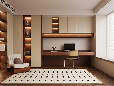 Modern Study Room Interior With Lit Shelves Wooden Desk Computer Chair And Patterned Rug 3d model