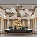 Hotel Lobby Interior With Red Backdrop Lattice Screens Bonsai Tree And Rockery