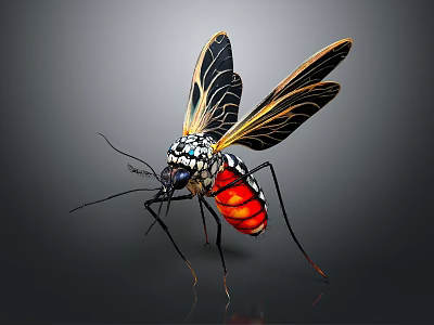 Mosquito With Black And White Markings Red Abdomen Yellow Black Veined Wings On Dark Background 3d model