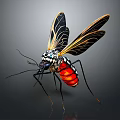 Mosquito With Black And White Markings Red Abdomen Yellow Black Veined Wings On Dark Background